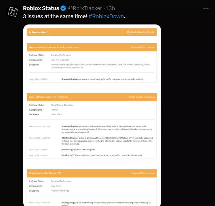 lỗi Roblox trong thời điểm hiện tại
